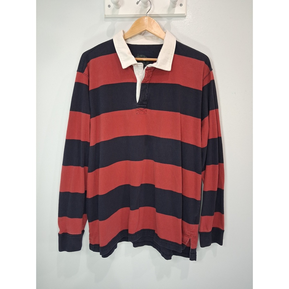 Eddie Bauer Mens XXL Rugby Polo Shirt Long Sleeve Striped Red Navy Cotton
